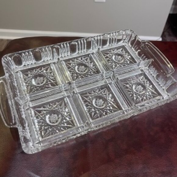 Vintage Czech Bohemian Hand Cut Crystal Antique Rectangular Tray 6 sections - Picture 1 of 6
